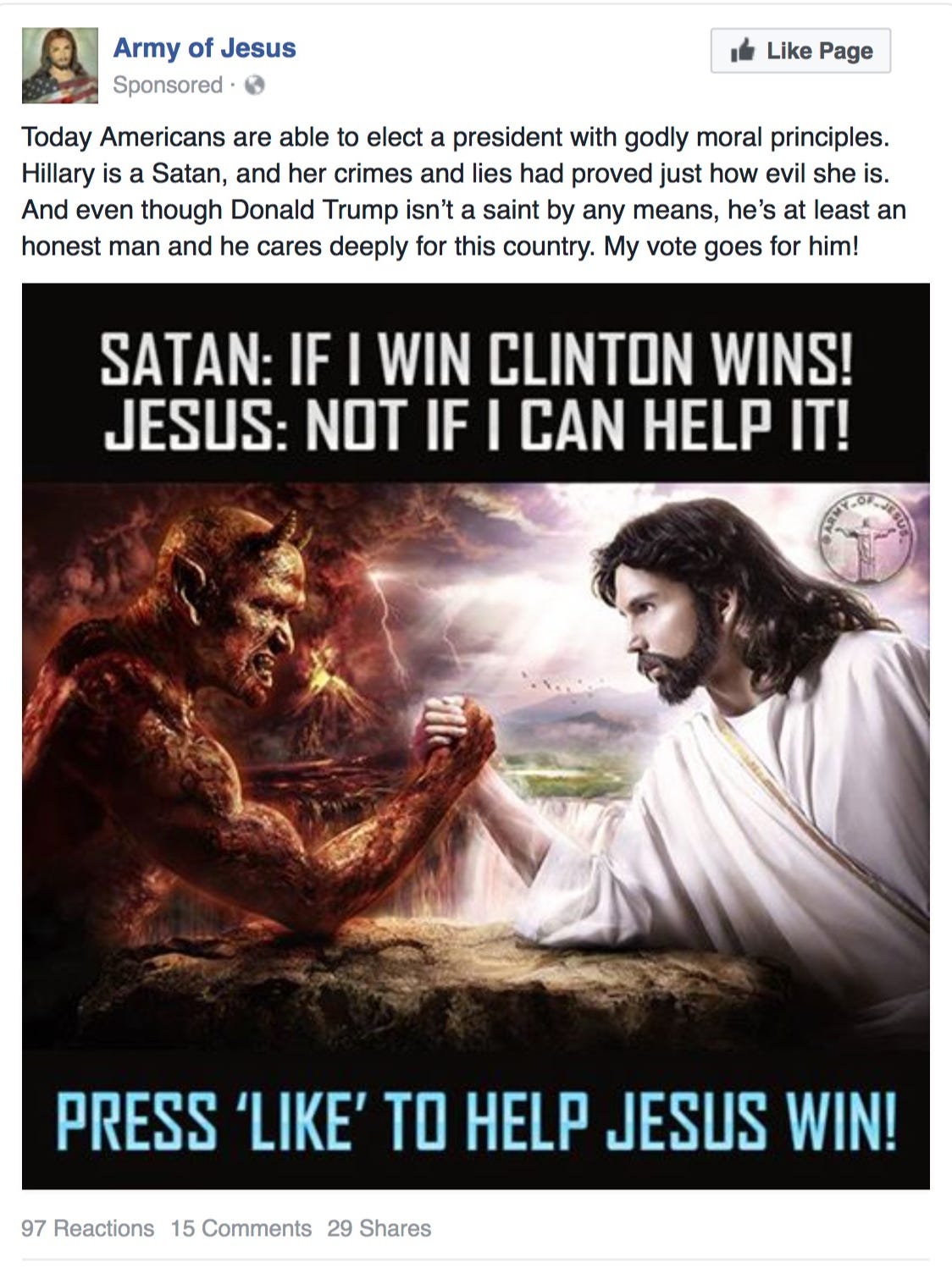 An ad placed on Facebook on Oct. 19, 2016 by Russian-linked groups, believed to be part of an attempt to sway the U.S. electorate in the 2016 presidential race.