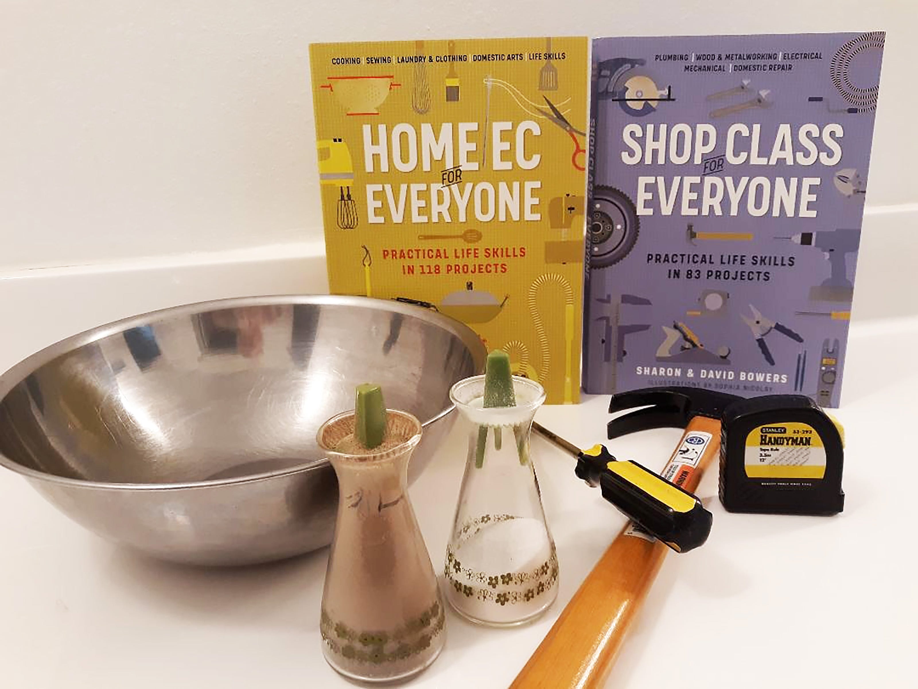 "Home Ec for Everyone" and "Shop Class for Everyone," both by Sharon & David Bowers, illustrated by Sophia Nicolay.